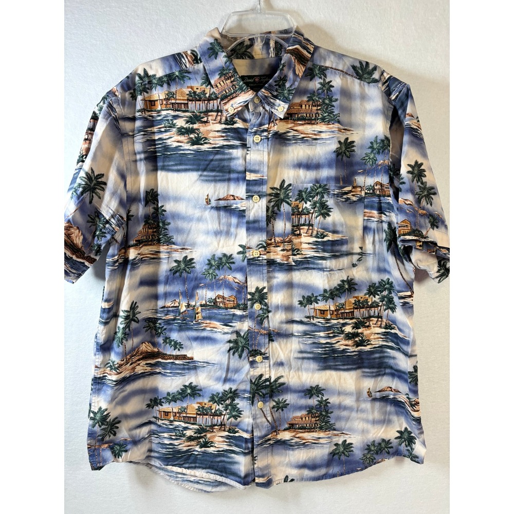 David Taylor Mens XL Tropical Island Palm Tree Scenic Cotton Button Down Shirt